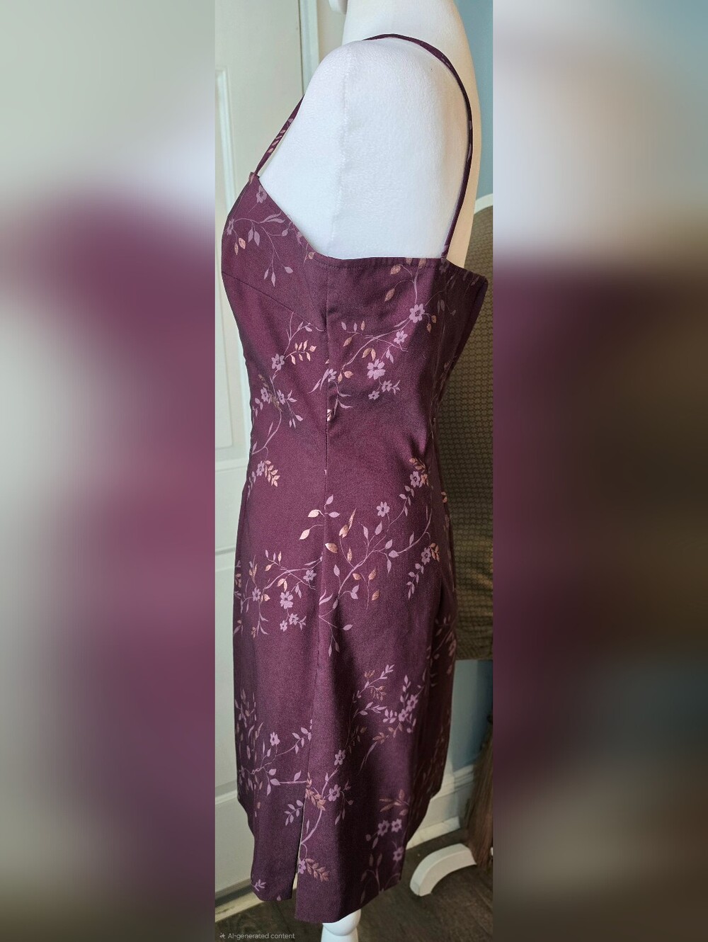 90s Vintage XOXO Floral Midi Dress Juniors 7 Plum Gold Floral w/ Square Neck - Picture 3 of 11